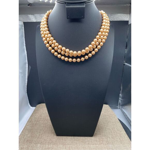 Vintage Multi Strand Champagne Pearl Choker Necklace Magnetic Closure - Picture 1 of 12